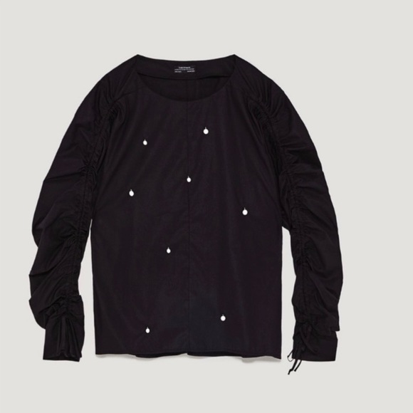 Zara black sz m ruched long sleeves blouse top shirt embellished with pearls - Picture 2 of 5